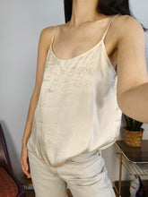 Load image into Gallery viewer, Vintage 100% silk embroidery spaghetti strap top off white ecru beige M-L
