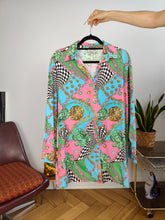 Load image into Gallery viewer, Vintage viscose shirt baroque print crazy pattern pink green blue long sleeve S-M
