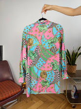 Load image into Gallery viewer, Vintage viscose shirt baroque print crazy pattern pink green blue long sleeve S-M
