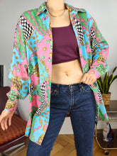 Load image into Gallery viewer, Vintage viscose shirt baroque print crazy pattern pink green blue long sleeve S-M
