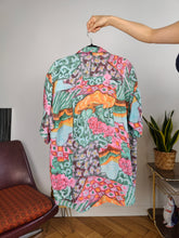 Load image into Gallery viewer, Vintage 100% silk shirt print crazy pattern green pink women men unisex M-L
