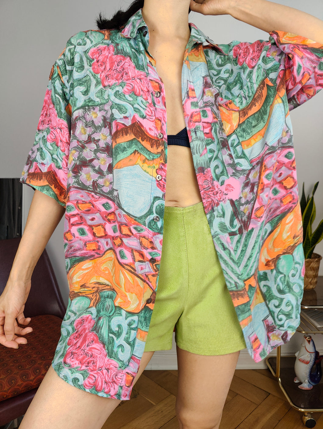 Vintage 100% silk shirt print crazy pattern green pink women men unisex M-L