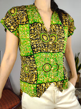 Load image into Gallery viewer, Vintage blouse baroque print pattern black green gold medusa head short sleeve women S
