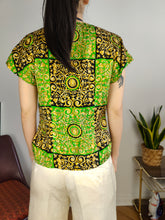 Load image into Gallery viewer, Vintage blouse baroque print pattern black green gold medusa head short sleeve women S
