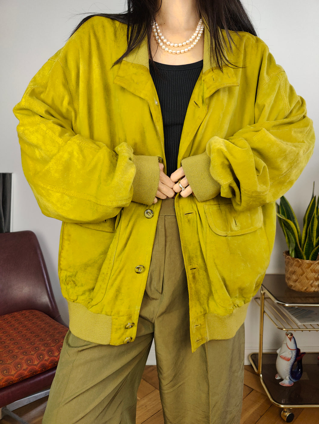 Vintage 100% suede leather bomber jacket yellow lime coat unisex women men 54 XL