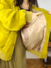 Load image into Gallery viewer, Vintage 100% suede leather bomber jacket yellow lime coat unisex women men 54 XL
