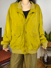 Load image into Gallery viewer, Vintage 100% suede leather bomber jacket yellow lime coat unisex women men 54 XL
