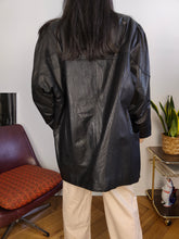 Load image into Gallery viewer, Vintage 100% leather 80s coat jacket black pattern oversized blazer big sleeves women 42 L
