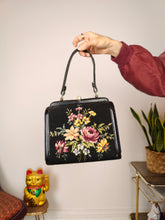 Load image into Gallery viewer, Vintage hand bag small knit crochet black floral flower pattern
