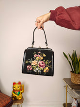 Load image into Gallery viewer, Vintage hand bag small knit crochet black floral flower pattern
