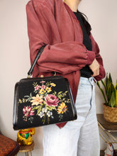 Load image into Gallery viewer, Vintage hand bag small knit crochet black floral flower pattern
