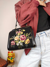 Load image into Gallery viewer, Vintage hand bag small knit crochet black floral flower pattern
