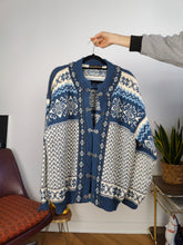 Load image into Gallery viewer, Vintage wool cardigan L XL | Nordstrikk Norwegian blue white Christmas knit knitted jacket
