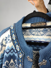 Load image into Gallery viewer, Vintage wool cardigan L XL | Nordstrikk Norwegian blue white Christmas knit knitted jacket
