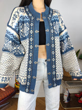 Load image into Gallery viewer, Vintage wool cardigan L XL | Nordstrikk Norwegian blue white Christmas knit knitted jacket
