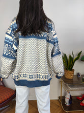 Load image into Gallery viewer, Vintage wool cardigan L XL | Nordstrikk Norwegian blue white Christmas knit knitted jacket
