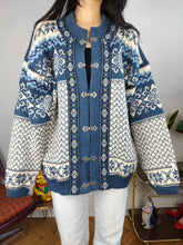 Load image into Gallery viewer, Vintage wool cardigan L XL | Nordstrikk Norwegian blue white Christmas knit knitted jacket
