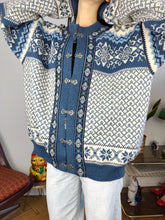 Load image into Gallery viewer, Vintage wool cardigan L XL | Nordstrikk Norwegian blue white Christmas knit knitted jacket
