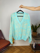 Load image into Gallery viewer, Vintage cotton sweater L XL | pullover knit knitted jumper V neck mint green blue pattern
