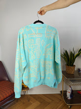 Load image into Gallery viewer, Vintage cotton sweater L XL | pullover knit knitted jumper V neck mint green blue pattern
