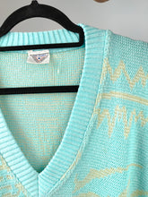 Load image into Gallery viewer, Vintage cotton sweater L XL | pullover knit knitted jumper V neck mint green blue pattern
