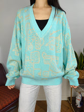 Load image into Gallery viewer, Vintage cotton sweater L XL | pullover knit knitted jumper V neck mint green blue pattern
