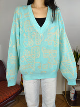 Load image into Gallery viewer, Vintage cotton sweater L XL | pullover knit knitted jumper V neck mint green blue pattern
