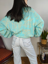 Load image into Gallery viewer, Vintage cotton sweater L XL | pullover knit knitted jumper V neck mint green blue pattern
