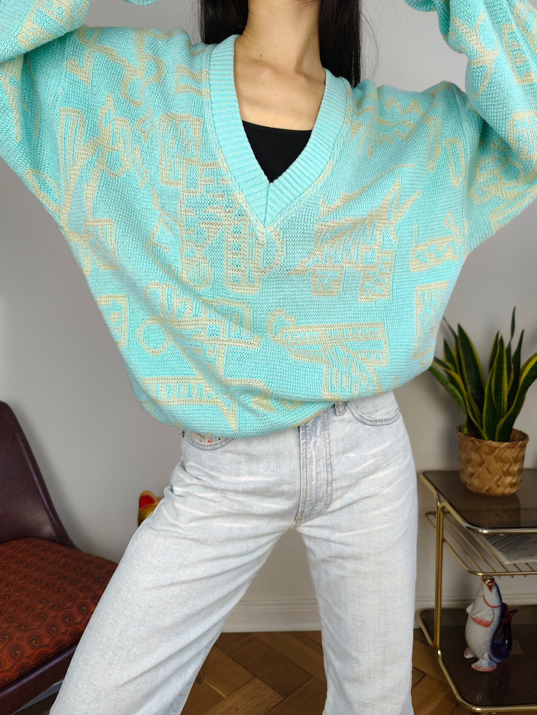 Vintage cotton sweater L XL | pullover knit knitted jumper V neck mint green blue pattern