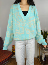 Load image into Gallery viewer, Vintage cotton sweater L XL | pullover knit knitted jumper V neck mint green blue pattern
