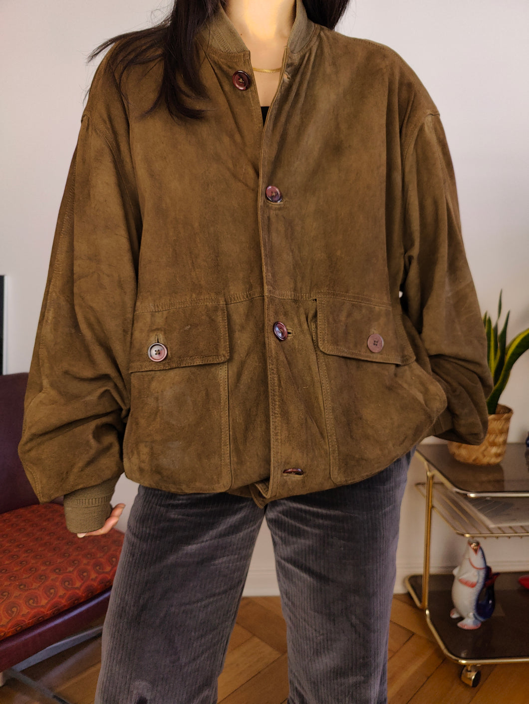 Vintage suede leather bomber jacket XL | Paul Smith khaki green brown coat unisex men