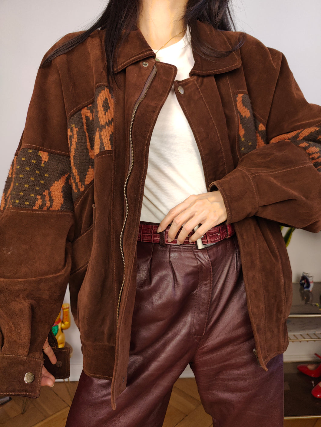 Vintage leather jacket L XL | suede navajo brown orange coat women unisex men