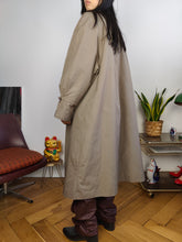 Load image into Gallery viewer, Vintage trench coat L | faux fur maxi padded collar brown lined women unisex men
