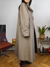 Load image into Gallery viewer, Vintage trench coat L | faux fur maxi padded collar brown lined women unisex men
