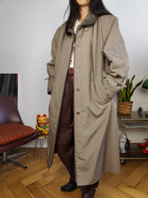 Load image into Gallery viewer, Vintage trench coat L | faux fur maxi padded collar brown lined women unisex men
