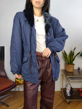 Load image into Gallery viewer, Vintage winter jacket S | Lafont 90s faux fur collar ski padded blue navy coat women S
