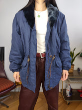 Load image into Gallery viewer, Vintage winter jacket S | Lafont 90s faux fur collar ski padded blue navy coat women S
