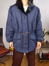 Load image into Gallery viewer, Vintage winter jacket S | Lafont 90s faux fur collar ski padded blue navy coat women S
