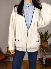 Load image into Gallery viewer, Vintage cotton cardigan M L | white college cable knit knitted jacket women
