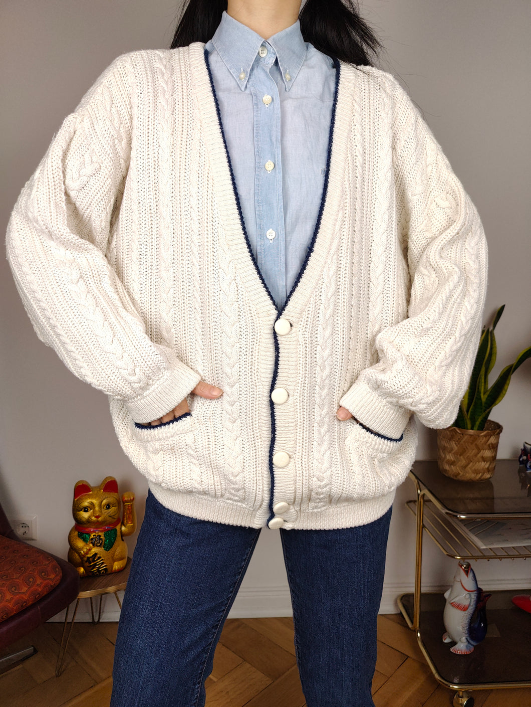 Vintage cotton cardigan M L | white college cable knit knitted jacket women