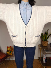 Load image into Gallery viewer, Vintage cotton cardigan M L | white college cable knit knitted jacket women
