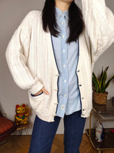 Load image into Gallery viewer, Vintage cotton cardigan M L | white college cable knit knitted jacket women
