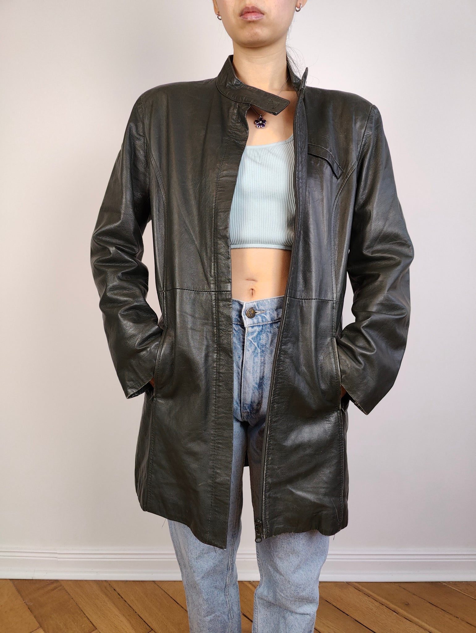 The Nappa Leather Green Black Coat | Vintage real lamb leather mid