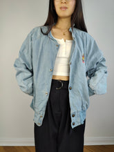 Load image into Gallery viewer, The Varsity Denim Jacket Roy Rogers | Vintage 80s USA baseball light blue jeans wash bomber summer spring embroidery men unisex women L
