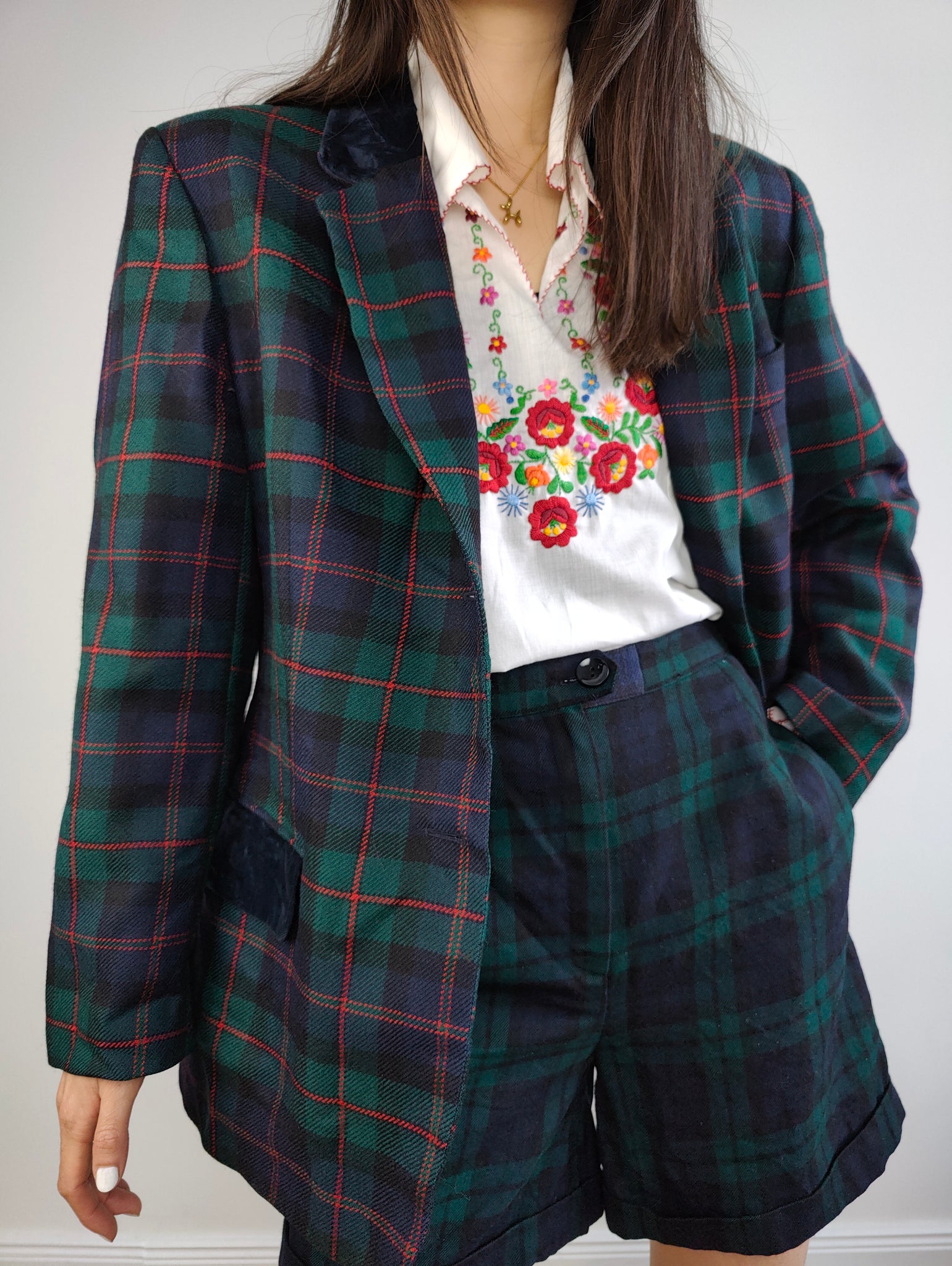 The Wool Green Tartan Check Blazer | Vintage 100% pure wool velvet