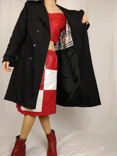 Load image into Gallery viewer, The Black Trench | Vintage black mid long trench coat jacket plaid tartan nova check S
