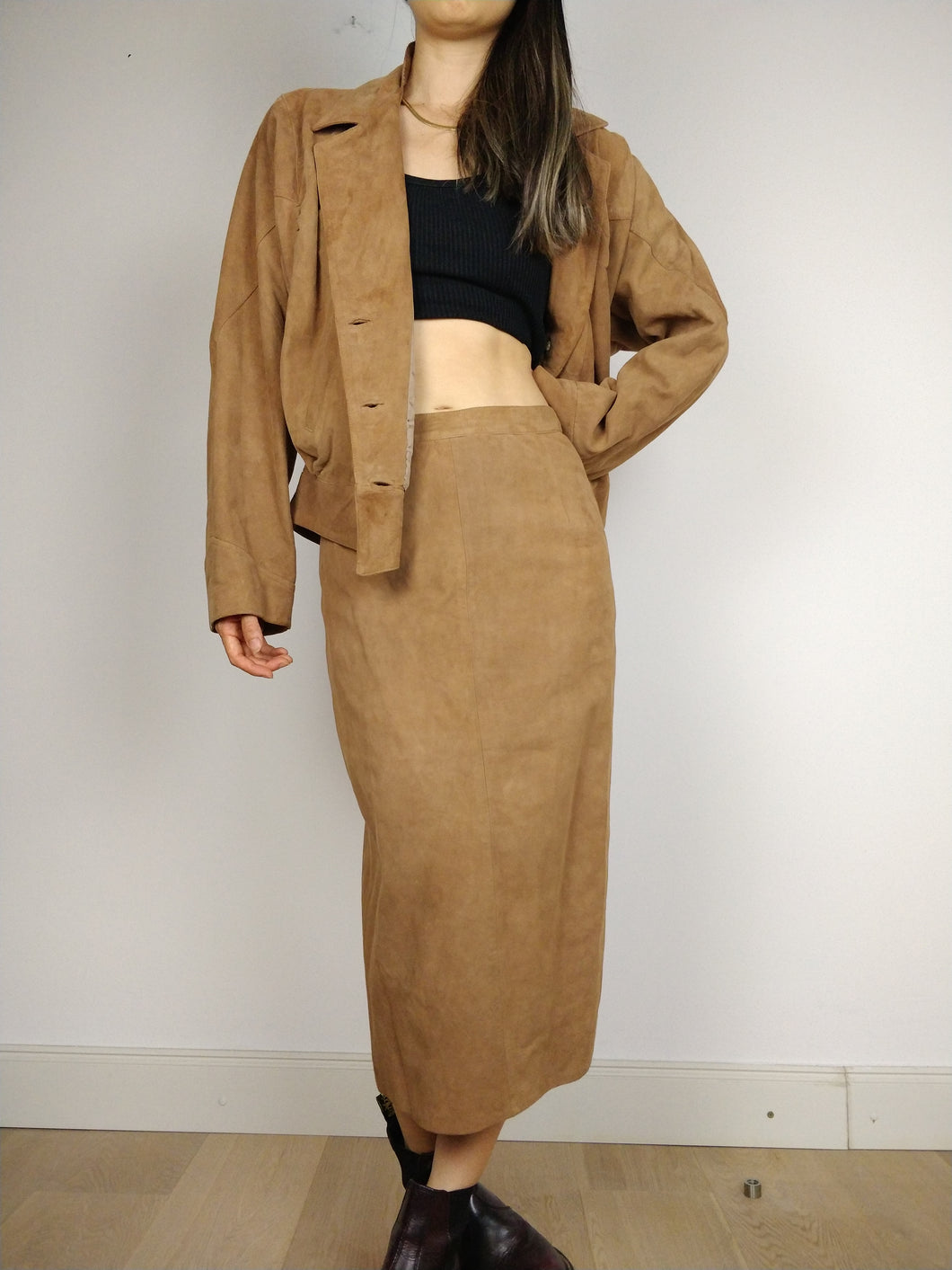 The Brown Suede Set | Vintage faux suede leather bomber jacket and high waist pencil skirt XS-S