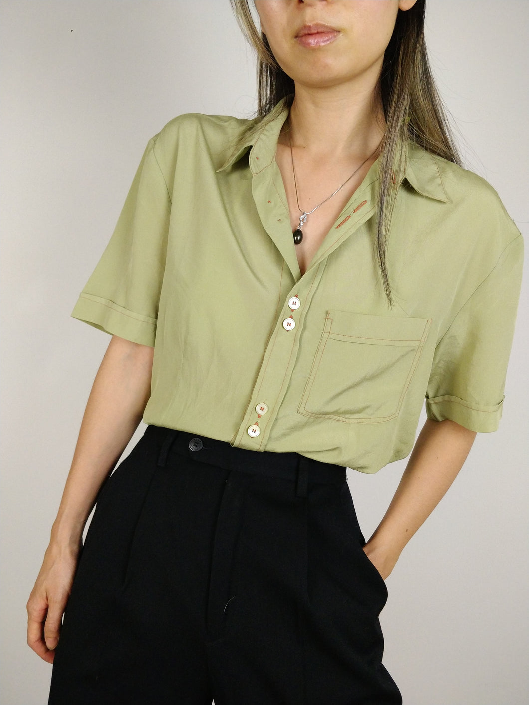 The D&G Shirt | Vintage designer Dolce & Gabbana khaki green short sleeve plain blouse S
